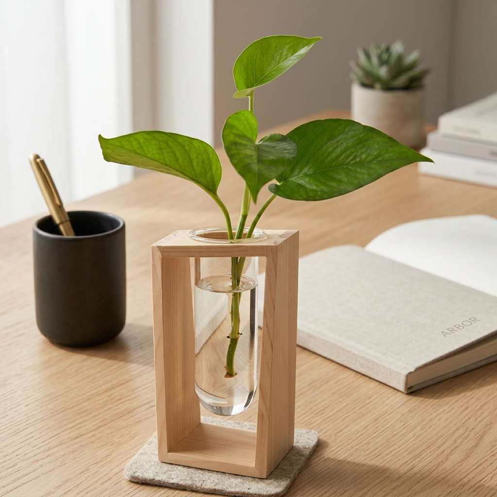 Modern Minimalist Hydroponic Glass and Wood Ornament