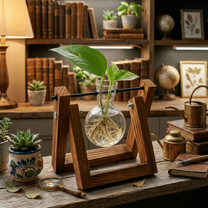 Modern Minimalist Hydroponic Glass and Vintage Wooden Stand