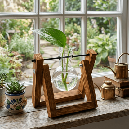Modern Minimalist Hydroponic Glass and Vintage Wooden Stand