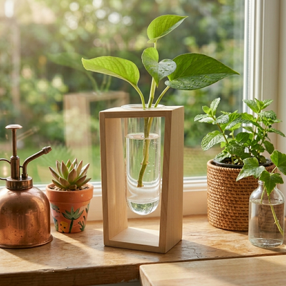 Modern Minimalist Hydroponic Glass and Wood Ornament